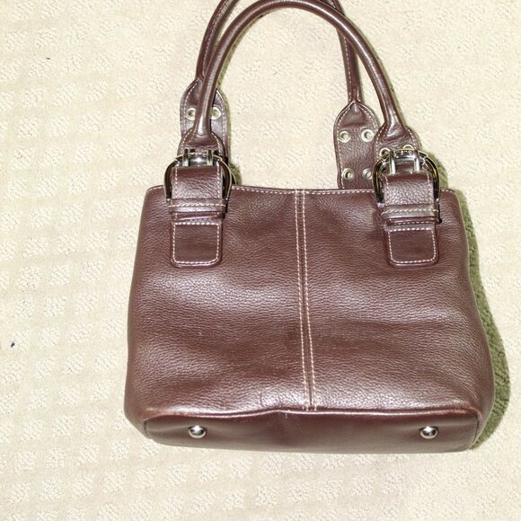 Tignanello Chocolate Brown Leather Purse Shoulder Bag Buckles Double Handles - Picture 2 of 7